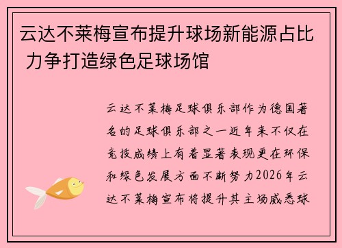 云达不莱梅宣布提升球场新能源占比 力争打造绿色足球场馆